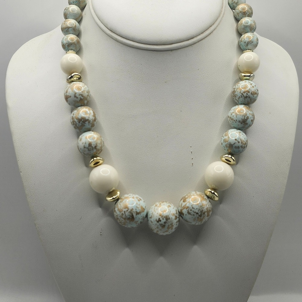 Vintage Blue Gold Speckled Bead Necklace Cream Accents Gold Tone Spring Ring